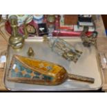 TRAY WITH DOUBLE CANDLE HOLDER, EASTERN BRASS WARE, DECORATIVE SHOVEL ETC