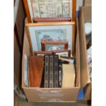 BOX WITH VARIOUS FRAMED PICTURES, WOODEN WRITING BOX ETC
