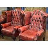 PAIR OF CHESTERFIELD OX BLOOD LEATHER WING BACK ARM CHAIRS