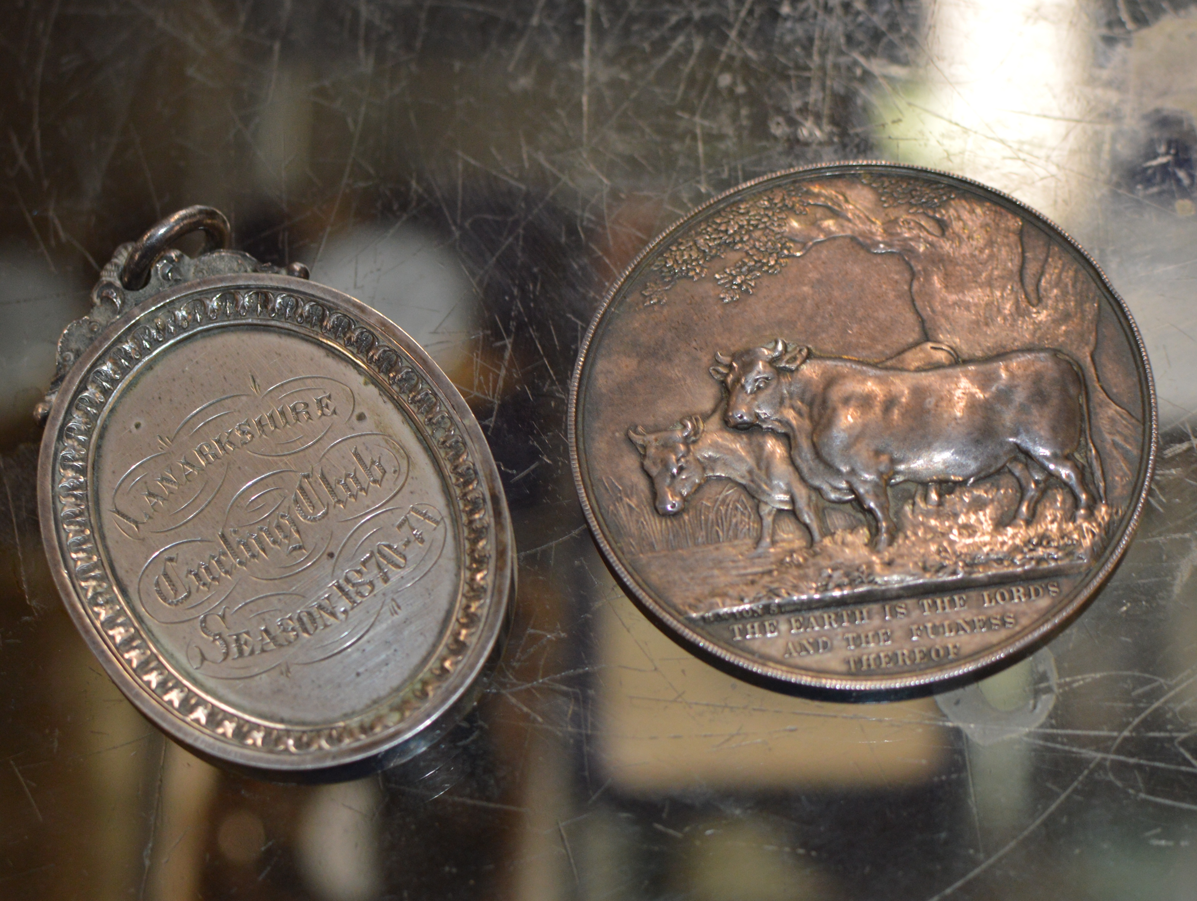 WHITE METAL AGRICULTURAL MEDALLION & WHITE LANARKSHIRE BOWLING CLUB MEDALLION