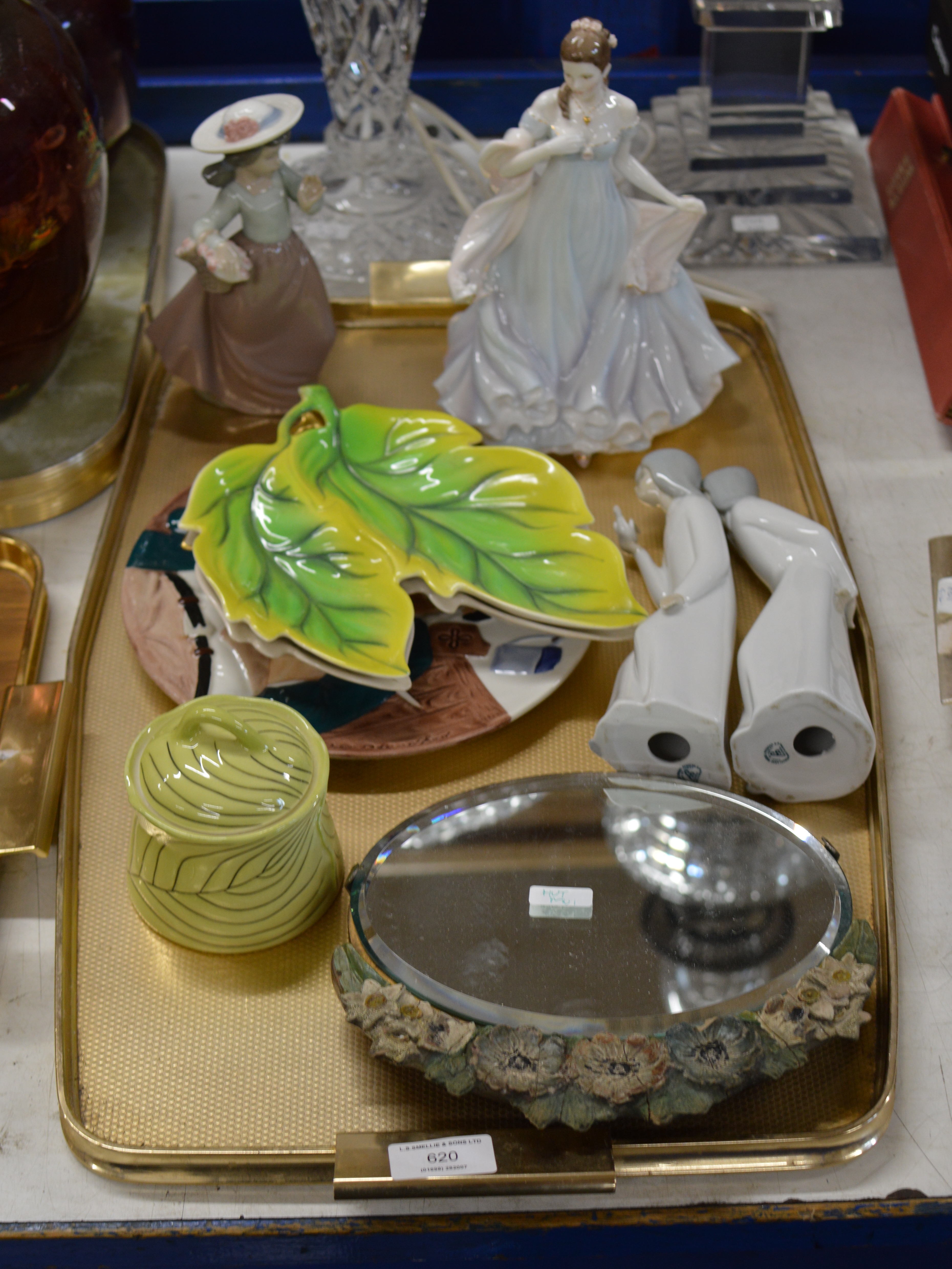 TRAY WITH GENERAL CERAMICS, BARBOLA STYLE MIRROR, CARLTON JAR, CARLTON DISHES, ROYAL WORCESTER