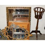 MAHOGANY PLANT STAND, 2 GILT MIRRORS, FRAMED PICTURE & WOODEN PICTURE