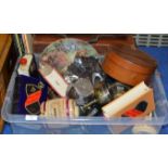 BOX WITH LEATHER COLLAR BOX, VARIOUS EP WARE, DOULTON PLATE, NOVELTY DECANTERS ETC