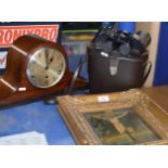 GILT FRAMED PRINT, CASED PAIR OF LIZARS BINOCULARS & MAHOGANY CASED CHIMING MANTLE CLOCK