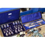 CASED SET OF 12 SHEFFIELD SILVER TEASPOONS WITH TONGS & CASED EP SERVING SET