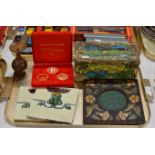 TRAY WITH POKER WORK STYLE FRAME, DECORATIVE TILES, BOXED SET OF ORIENTAL COMMEMORATIVE