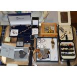 TRAY WITH VARIOUS WRIST WATCHES, GOLD EARRINGS, SILVER JEWELLERY, COINAGE ETC