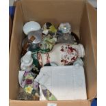 BOX WITH MIXED CERAMICS & GLASS WARE, PICQUOT WARE TEA SERVICE, MASONS VASE, DISPLAY PLATES ETC