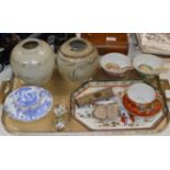 TRAY WITH VARIOUS ORIENTAL CERAMICS, GINGER JARS, CUP & SAUCER, DAGGER HANDLE, WHITE METAL BUCKLE