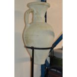 LARGE DECORATIVE POTTERY JUG ON METAL STAND