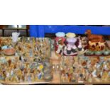 4 TRAYS WITH LARGE QUANTITY OF WADE WHIMSIES, BESWICK ANIMAL ORNAMENTS, CARLTON WARE CRUET SET ETC