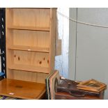 SMALL PINE OPEN BOOKCASE, SMALL QUANTITY LP RECORDS, LEATHER SATCHEL, LEATHER CASE, WOODEN TRAY &