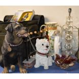 2 LARGE DOG ORNAMENTS, DECORATIVE VASE, MODERN LAMP, NAO STYLE FIGURINE & COLOURED GLASS ASHTRAY
