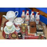 TRAY WITH COCA COLA BOTTLES, MIXED CERAMICS, MILITARY PATCHES, WRIST WATCH, BADGES ETC