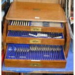 OAK 3 DRAWER CANTEEN OF EP & BONE HANDLED CUTLERY, WITH BRASS CARTOUCHE DATED 1901