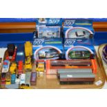 TRAY CONTAINING VARIOUS MODEL VEHICLES, HORNBY TRAINS, 007 CARS ETC