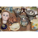 TRAY WITH A BISQUE DOLLS HEAD, POSSIBLY BY JUMEAU TRISTE, MARKED 13 & VARIOUS OTHER ITEMS