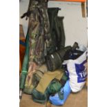 LARGE QUANTITY VARIOUS ROD BAGS, VARIOUS FISHING ACCESSORIES, ROD HOLDERS ETC