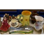 TRAY WITH METTLACH POTTERY JUG, ROYAL DOULTON FIGURINE, VARIOUS HUMMEL FIGURINES, BUNNYKINS CUP &