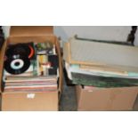 2 BOXES WITH VARIOUS LP & SINGLE RECORDS, ASSORTED LINEN ETC