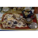 TRAY CONTAINING VARIOUS OLD PHOTOGRAPHS, ART DECO CROWN DEVON VASE & PART SILVER VANITY SET
