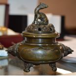 SMALL OLD CHINESE BRONZE MING STYLE CENSER WITH SILVER INLAY