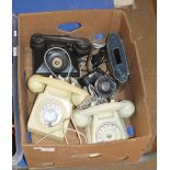 BOX WITH VARIOUS VINTAGE TELEPHONES, RADIO ETC