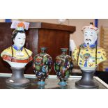 PAIR OF MODERN DECORATIVE ORIENTAL FIGURE DISPLAYS & PAIR OF 7¼" JAPANESE MEIJI PERIOD CLOISONNÉ