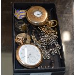 BOX WITH POCKET WATCHES, VARIOUS FOBS, WATCH CHAINS, COIN INSET RING ETC