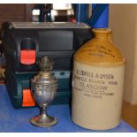 2 CASES WITH QUANTITY TOOLS, OLD CERAMIC ADVERTISING BOTTLE & EP PARAFFIN LAMP BASE