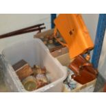 3 BOXES WITH VARIOUS OLD DISHES, TEA WARE, CARVED WOODEN DISPLAYS, LEATHER BRIEFCASE, LEATHER