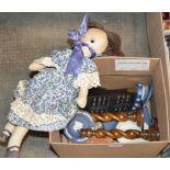 BOX WITH WOODEN CANDLE STICKS, ABACUS, WOODEN BOX, RAG STYLE DOLL ETC