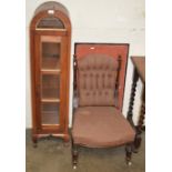 MAHOGANY STAINED SINGLE DOOR DISPLAY UNIT, SINGLE CHAIR & EASTERN STYLE PICTURE