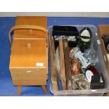 CANTILEVER SEWING BOX WITH ACCESSORIES & BOX WITH JELLY MOULD, CUTLERY, WADE WHIMSIES, TOBY JUG ETC