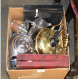 BOX WITH VARIOUS EP WARE, CUTLERY, BRASS KETTLE ETC