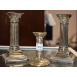 BIRMINGHAM SILVER CANDLE STICK & PAIR OF EP COLUMNED CANDLE STICKS