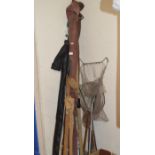 COLLECTION OF VARIOUS VINTAGE FISHING RODS, LANDING NETS ETC