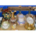 TRAY CONTAINING MIXED CERAMICS, ROYAL WORCESTER FIGURINE, POOLE VASE, PAIR OF DOULTON LAMBETH VASES,