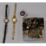 BOX WITH A SMALL QUANTITY OF COSTUME JEWELLERY, WRIST WATCHES ETC