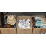 3 BOXES WITH BINOCULARS, CAMERAS, MIXED CERAMICS, HORSE ORNAMENTS, WOODEN CASE, MANTLE CLOCK, CAKE