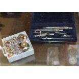 BOX WITH SILVER SHIELD BROOCH, QUANTITY COSTUME JEWELLERY & CASED SET OF DRAWING INSTRUMENTS