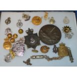 DISPLAY CASE WITH VARIOUS MILITARY STYLE BADGES, REPRODUCTION DEATH PLAQUE, WHISTLE ETC