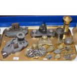 TRAY WITH VARIOUS DESK STANDS, VARIOUS SILVER THIMBLES, DECORATIVE SPOONS, MATCH STRIKER, MONEY