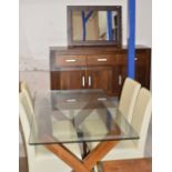 MODERN DINING ROOM SUITE COMPRISING GLASS TOP TABLE, 4 CHAIRS, SIDEBOARD & MIRROR