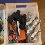 BOX WITH MODEL SHIP, MODEL CAR, BINOCULARS ETC