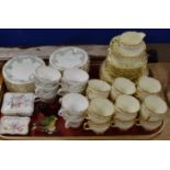 TRAY WITH QUANTITY VARIOUS TEA WARE, ROYAL CROWN DERBY PIN DISH, WEDGWOOD BIRD ORNAMENT ETC