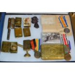 DISPLAY CASE WITH VARIOUS MEDALS, CHRISTMAS BOX, MATCH BOOK COVERS ETC