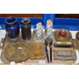 TRAY WITH CHINESE BLUE GLAZE POTTERY VASE, PAIR OF OLD FIGURINE ORNAMENTS, DESK DATA, STAMP BOX,