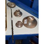 3 VARIOUS SILVER INKWELLS & SILVER COIN INSET LADLE WITH HORN HANDLE