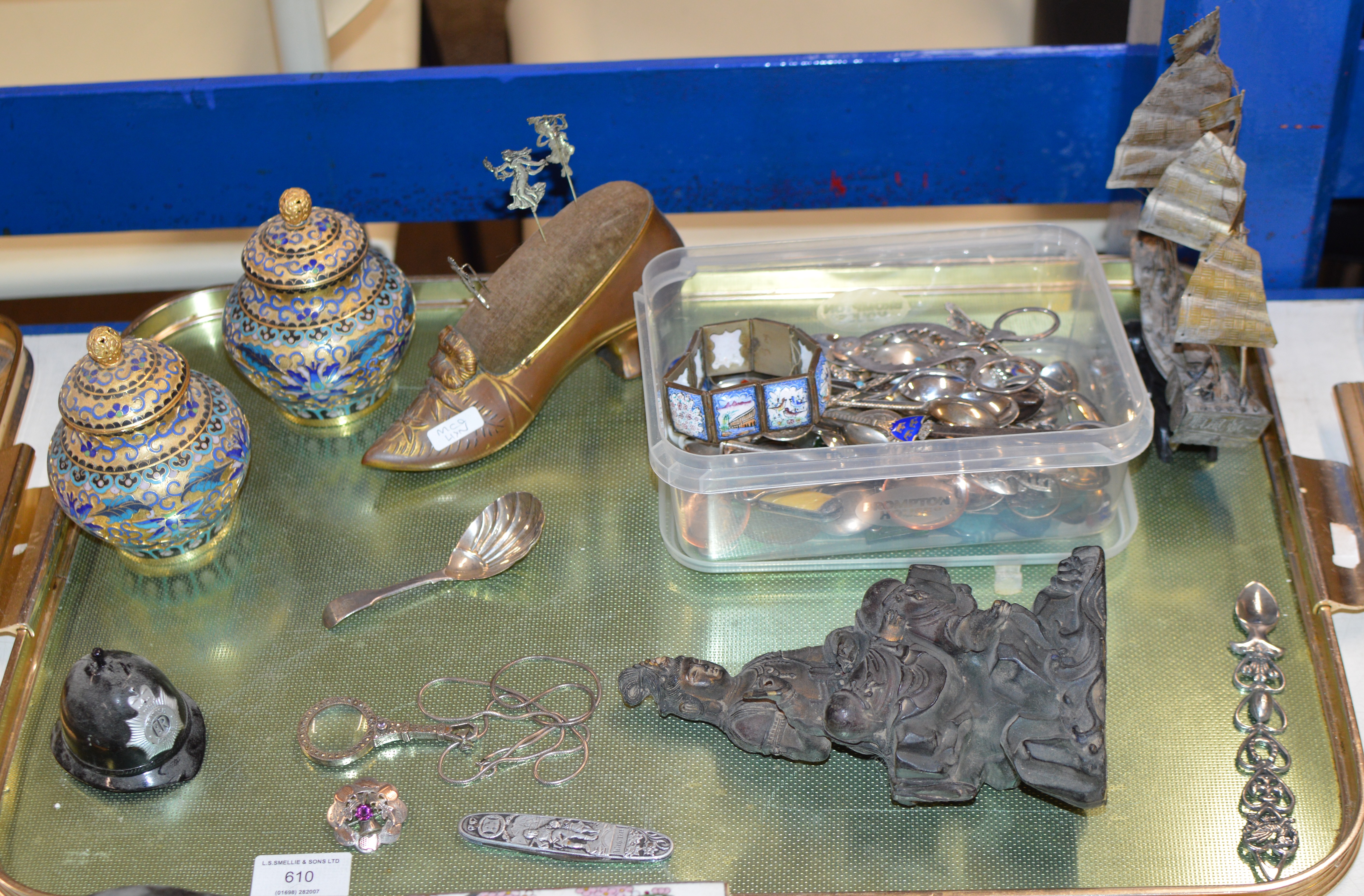 TRAY WITH LARGE SHOE PIN CUSHION, WHITE METAL JUNK BOAT DISPLAY, PAIR OF CLOISONNÉ LIDDED JARS,